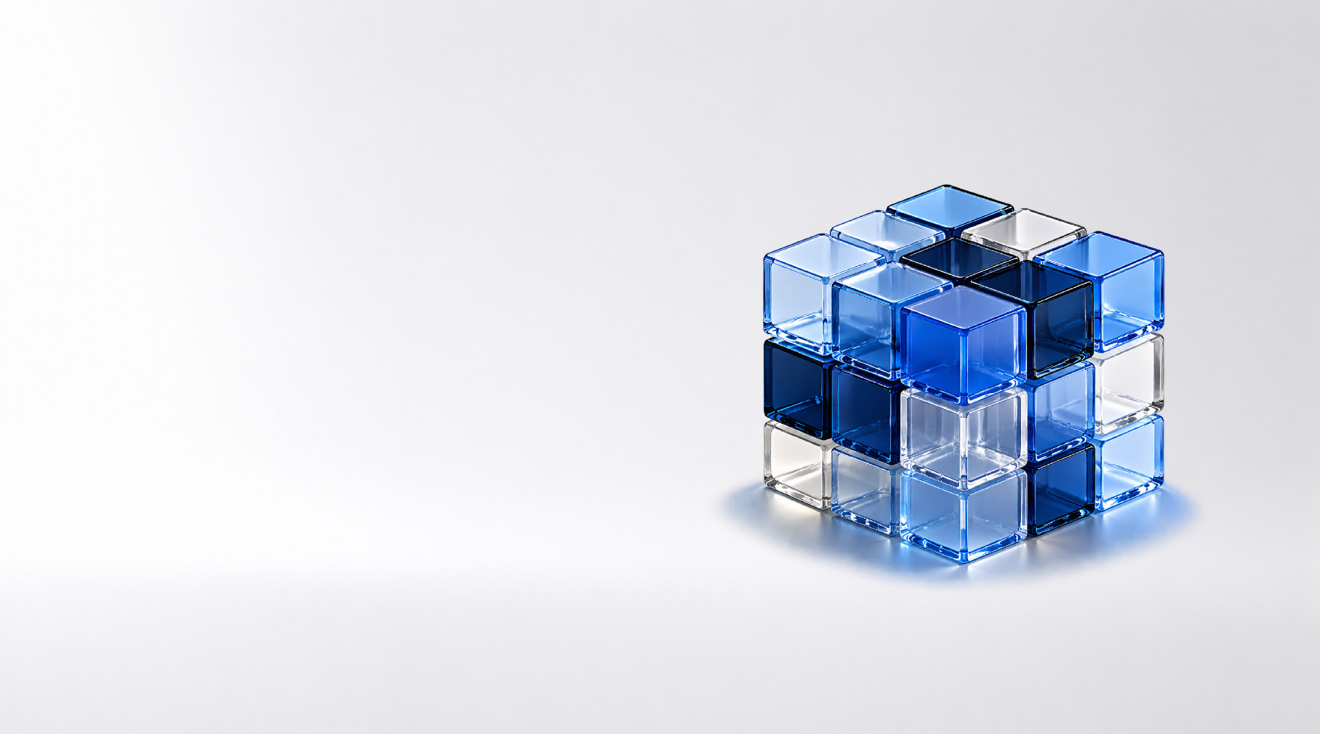 Abstract glass cubes in brand blue on a light background