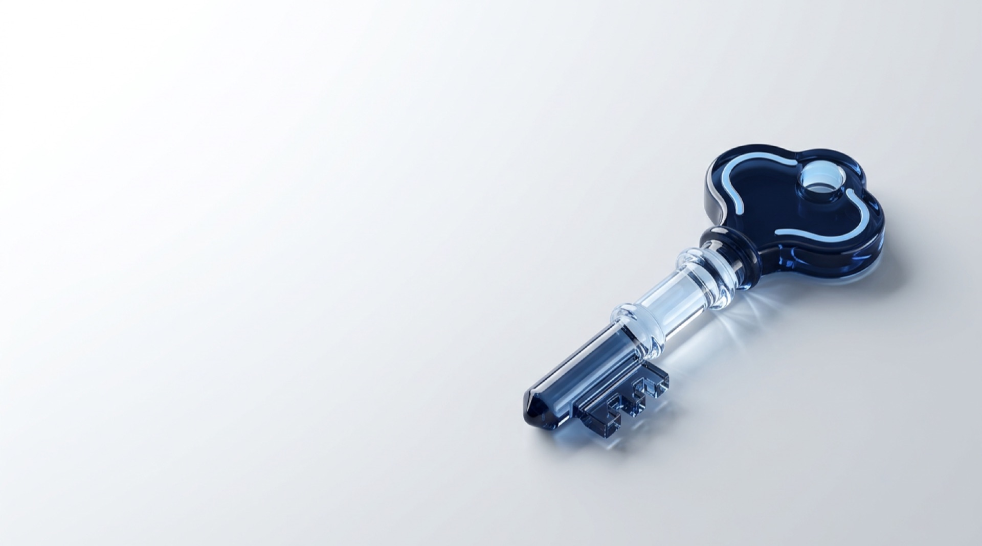 Glass key in brand blue representing controlled, evidenced access to data